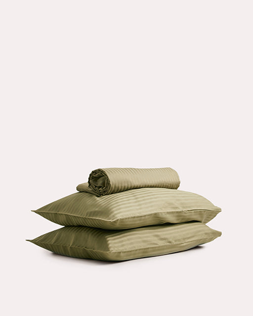 Sateen Stripe Flat Sheet Set - Oil Green - Ocoza