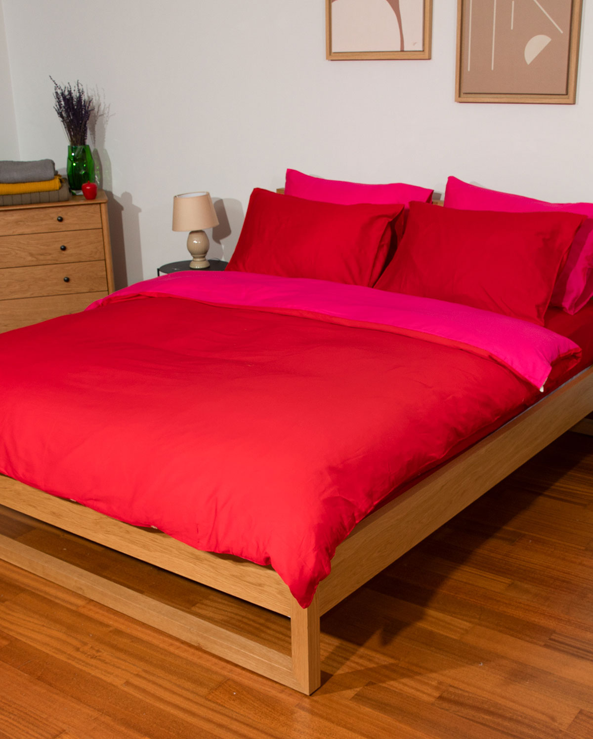 Reversible Percale Bedding Set - Fuchsia & Red